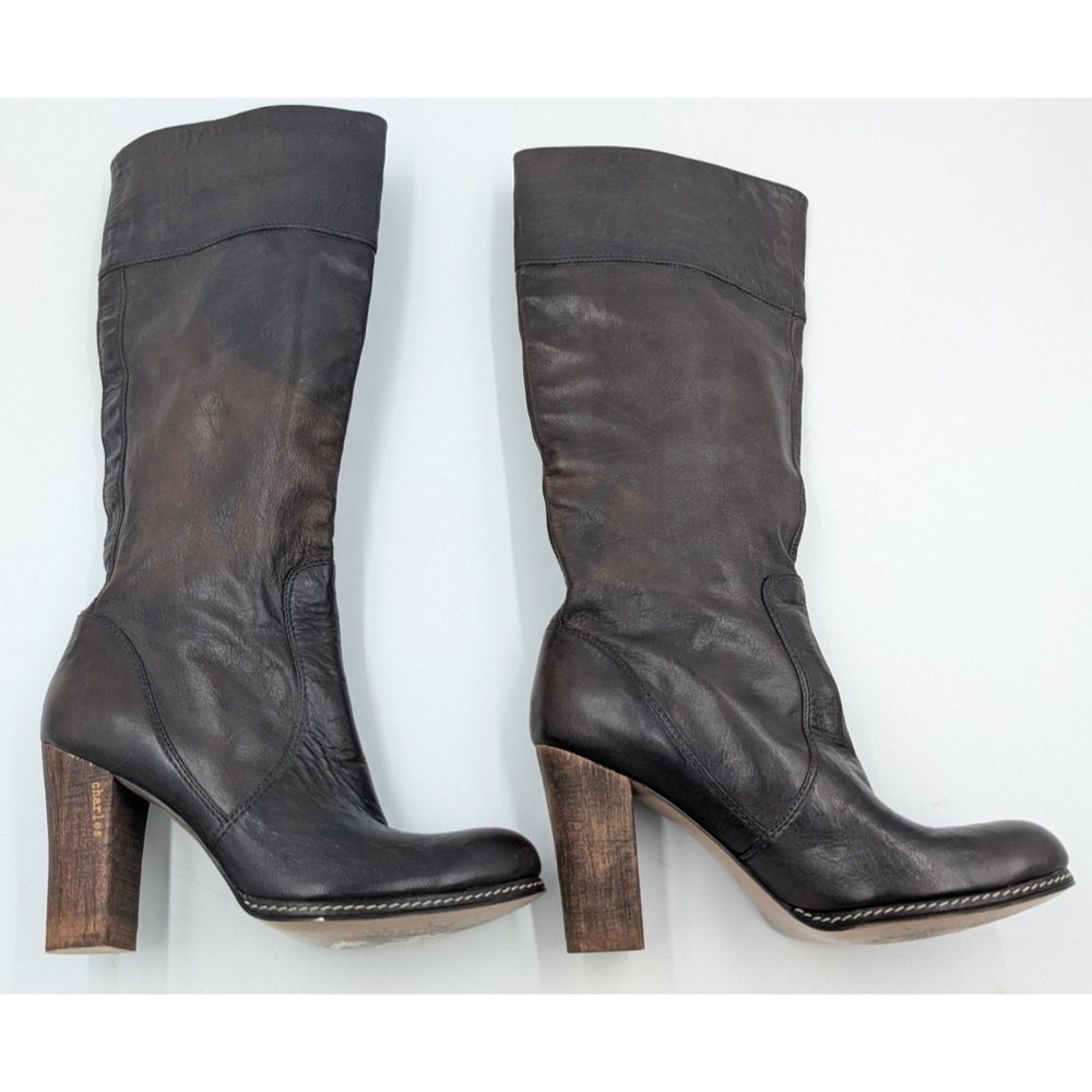 CHARLES David Wooden Heels Leather Tall Boots Women's Size 7B Brown READ